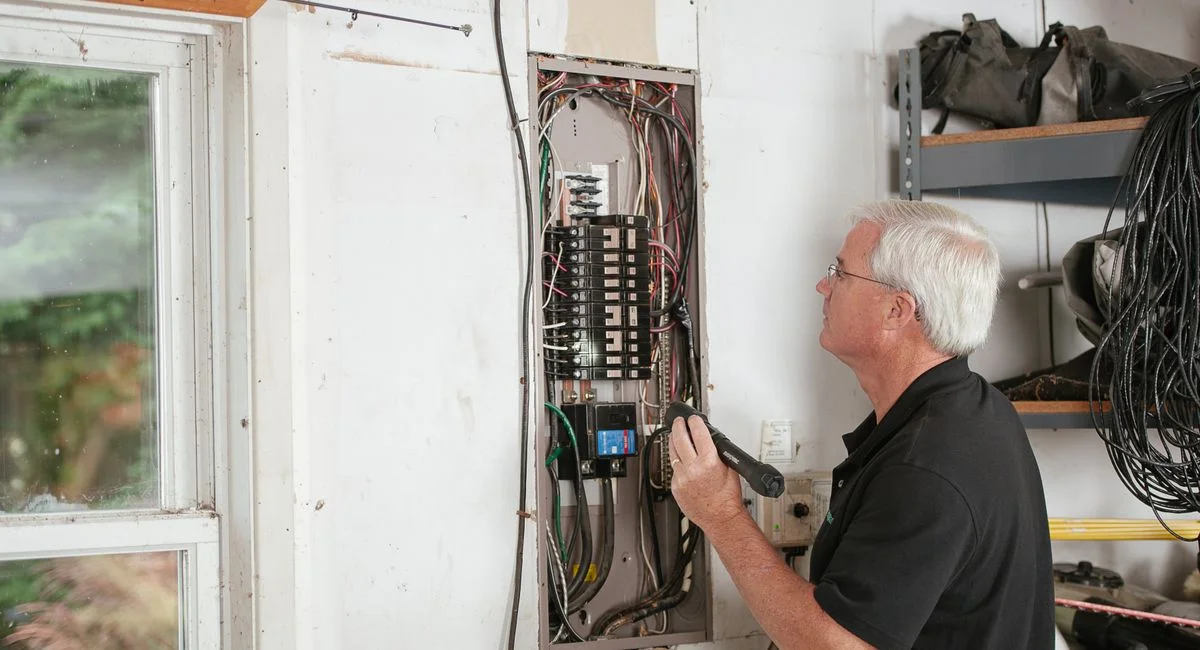 An electrician carefully examines a residential fuse box indoors, ensuring electrical safety and compliance.