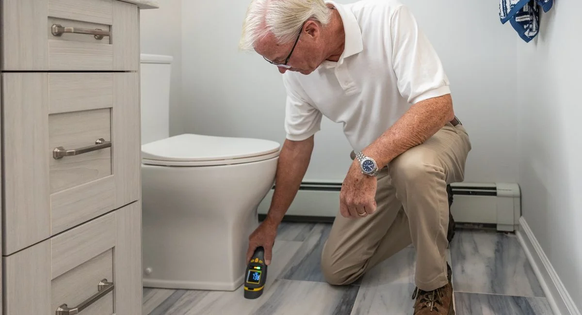 A senior man using a device to inspect a bathroom for maintenance or repair.