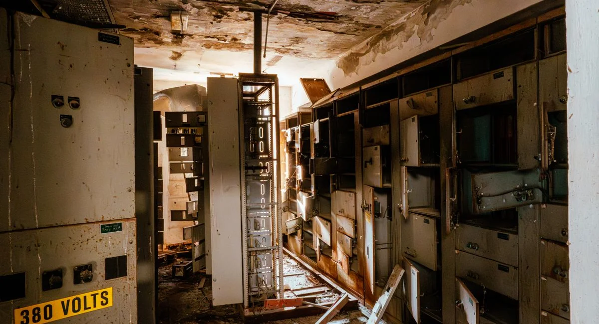 An eerie abandoned control room with damaged electrical panels and debris.
