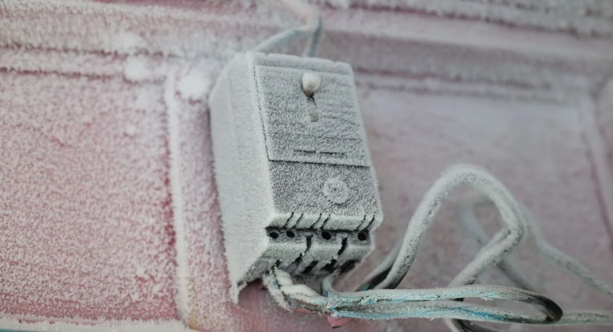 An electrical switch covered in frost and ice during winter on a building's exterior wall.