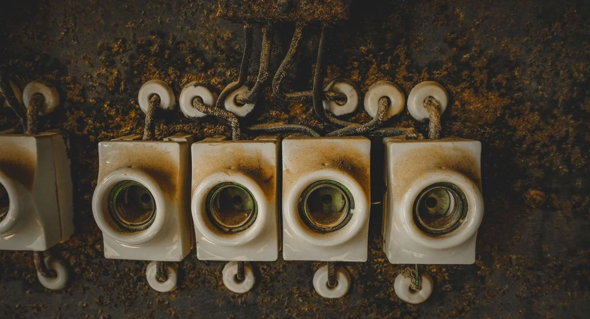 Close-up of vintage ceramic electrical switches, showcasing industrial decay and retro design.