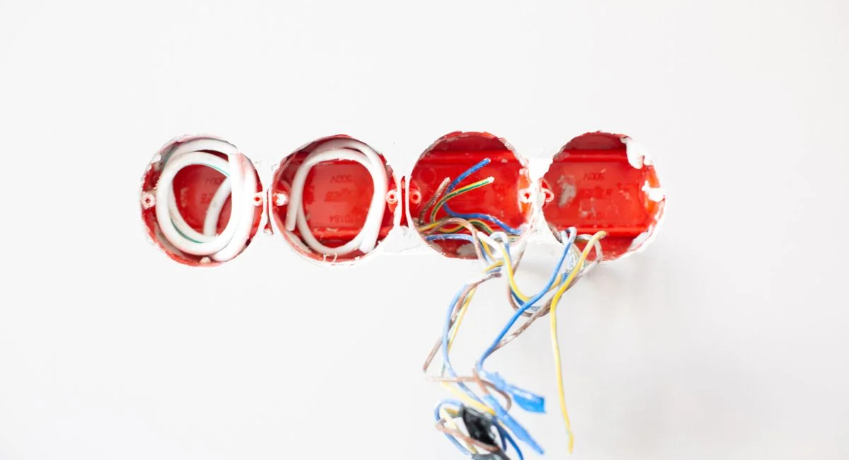 Close-up of exposed electrical wiring in wall sockets ready for installation. Ideal for home improvement contexts.
