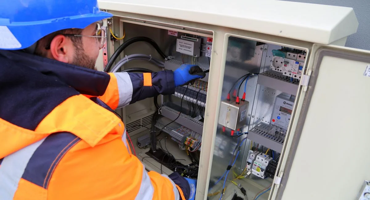 Engineer in safety gear working on an outdoor electrical panel, ensuring system functionality.