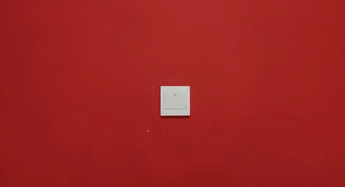 A minimalist light switch centered on a bold red wall captures simplicity.
