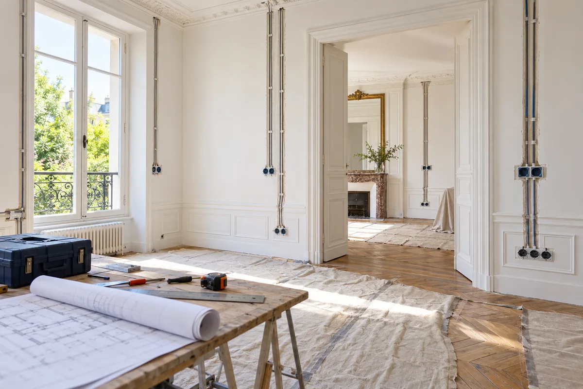 Un appartement en rénovation avec plans et conduits électriques